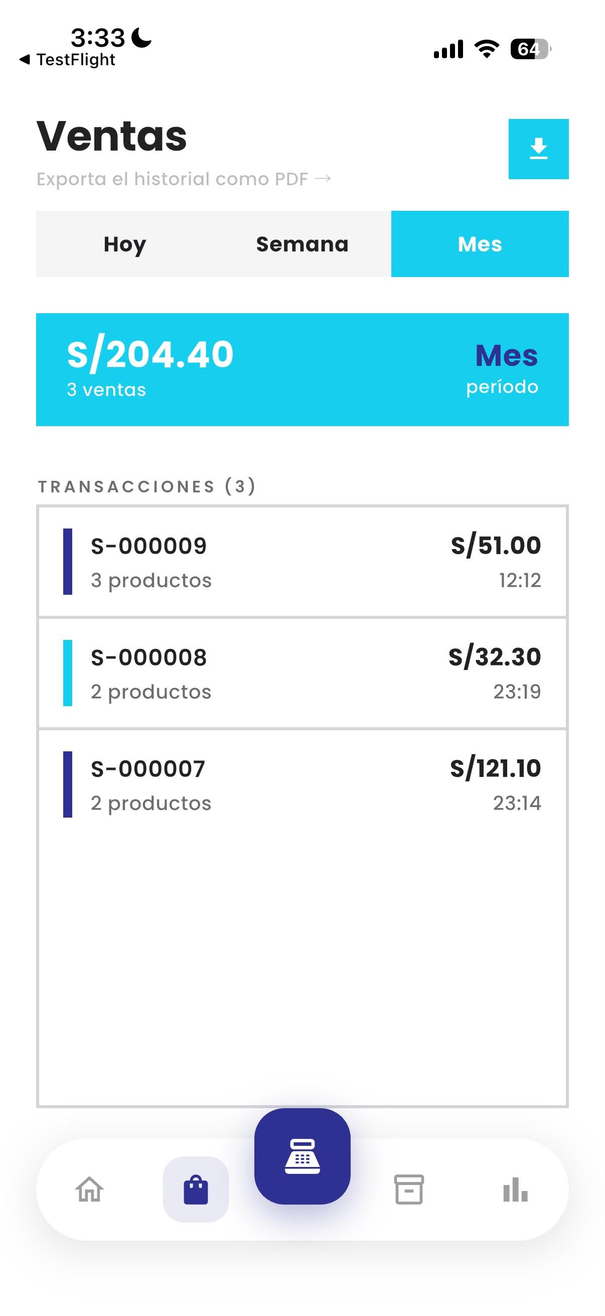 Pantalla de ventas de la app de Prisma con el total del mes y el detalle de transacciones