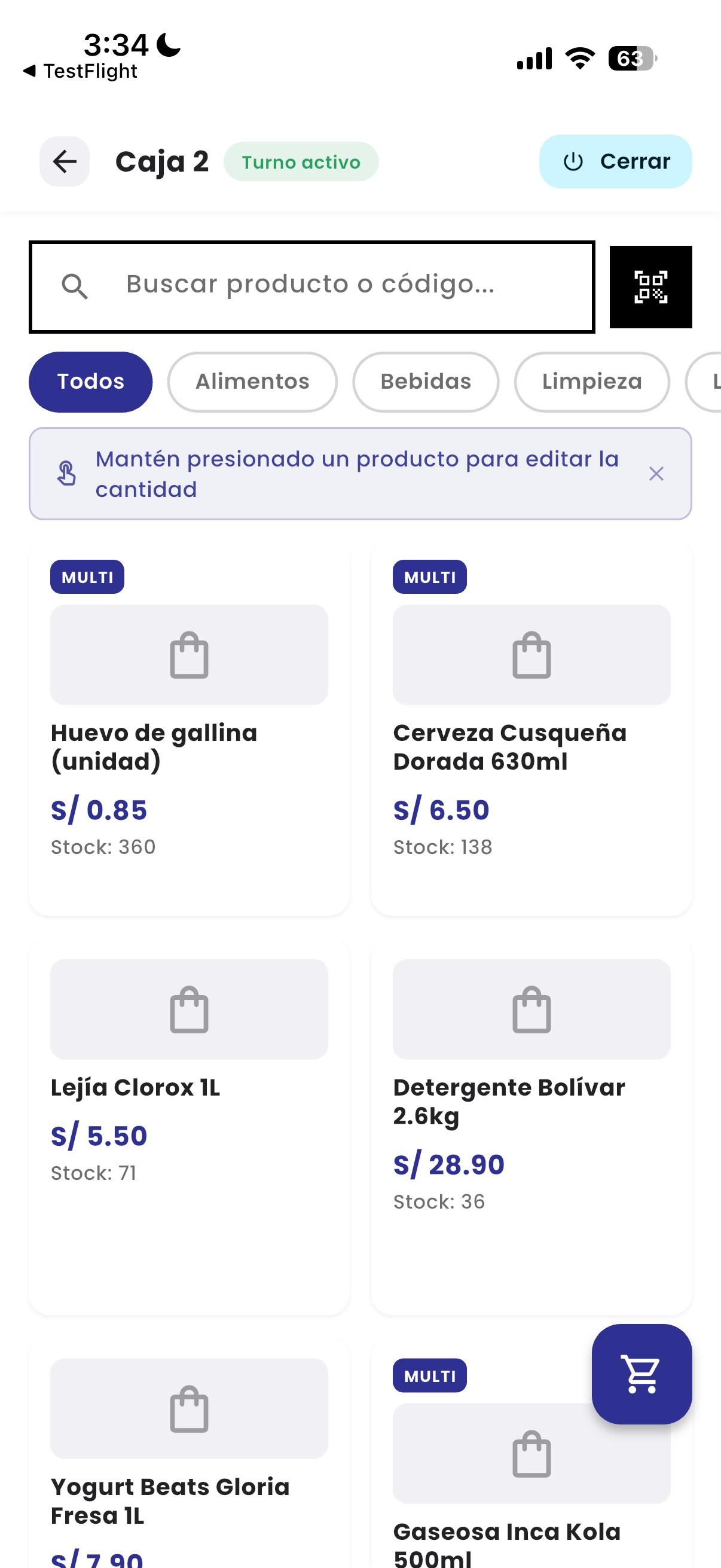 Punto de venta de la app de Prisma con el buscador de productos y el carrito